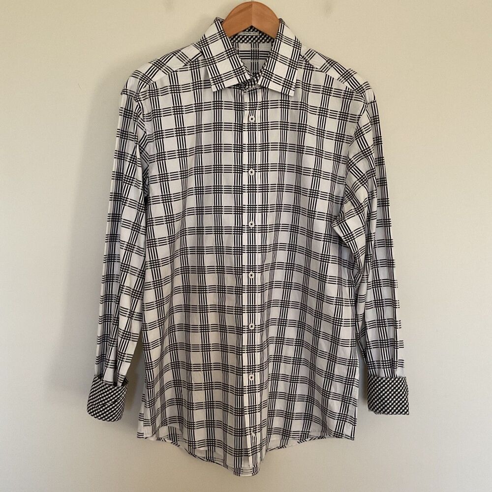 TAILORBYRD Mens L Shaped Fit Button Up Shirt Black White Plaid Flip Cuff Classic
